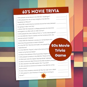 60s Movie Trivia Game, 60s Theme Party Game, 1960s Trivia, Decades Trivia, 60th Birthday Games, High School Reunion Game, Retro Party Game