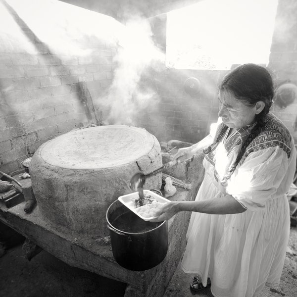 Mexican Woman Serving Food in Country Kitchen-Authentic Black White Wall Art-Restaurant Decor-Fine Art Print-Large Wall Hanging