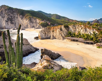 Maruata Mexico Beach Print: Golden Cliffs, Cactus, Pacific Coast