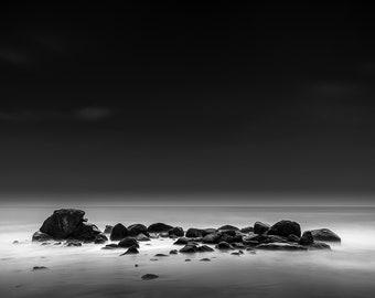 Ocean Rocks White Water Time Exposure-Water Images-Panoramic-Time Exposure-BW Fine Art Print-Large Wall Hanging-Home Decor