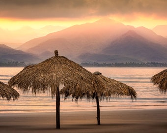 Sunrise Palapas and Mountains-Beach Scene-Riviera Nayarit Mexico-Sunset-Pacific Coast-Fine Art Print-Large Wall Hanging-Ready to Hang