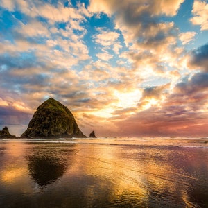 Haystack Rock on Cannon Beach at Sunset-Oregon Coast-Beach-Reflections-Fine Art Print-Large Wall Hanging-Office Decor-Scenic USA