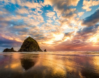 Haystack Rock on Cannon Beach at Sunset-Oregon Coast-Beach-Reflections-Fine Art Print-Large Wall Hanging-Office Decor-Scenic USA