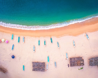 Mexico Beach Aerial Print: Fishing Boats, Golden Sand, Azure Water