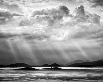 Sun Rays Filtering Through Thunderclouds over Lake Cuitzeo-Dramatic Light BW-Black and White Landscapes-Large Wall Hangings-Fine Art Print