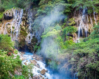 Tolantongo Thermal Springs-Tropical Waterfalls-Steam Rising off River-Mexican Wall Art-Nature-Fine Art Print-Large Wall Hanging
