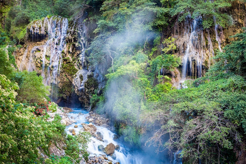 Tolantongo Thermal Springs-Tropical Waterfalls-Steam Rising off River-Mexican Wall Art-Nature-Fine Art Print-Large Wall Hanging image 1