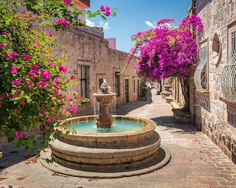 Morelia Mexico Colonial Walkway Fountain-Photo Photograph-Purple Flowers Bougainvillea-Mexican Wall Art-Fine Art Print-Large Wall Hanging