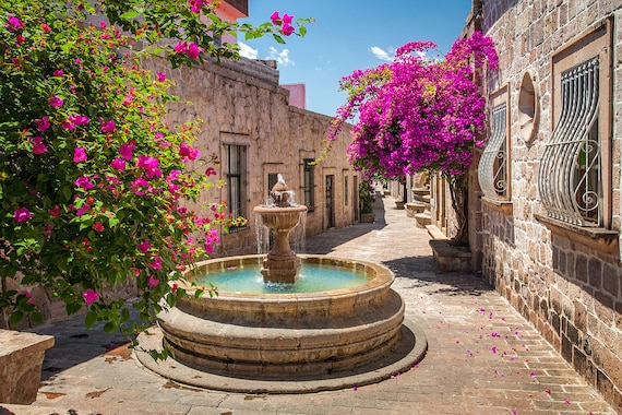 Morelia Mexico Colonial Walkway Fountain-photo Photograph-purple