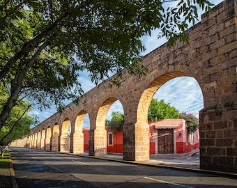 Morelia Mexico Colonial Aqueduct-Historic Landmark-Red House-Mexican Wall Art-Fine Art Print-Large Wall Hanging-Home Decor