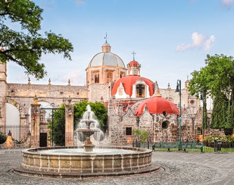 Morelia Mexico Print: Colonial Plaza, Red Domes, Stone Fountain