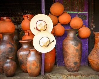 Mexican Clay Pots & Sombreros Photograph: Michoacan Market Canvas Wall Art