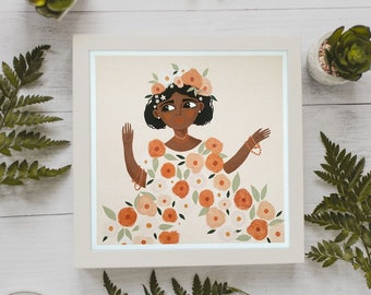 Cute girl art print, blossom dress, high quality square print, gifts for framing, flower wall decor living room art prints gift for her