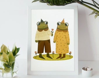 Cute Frog Couple, A5 print wall decor, high quality living room, art prints animals kids gifts nursery, for framing, gift for him her family
