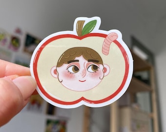 Cute apple girl sticker, fruit sticker, for kids, for water bottle, scrapbooking, colorful, worm