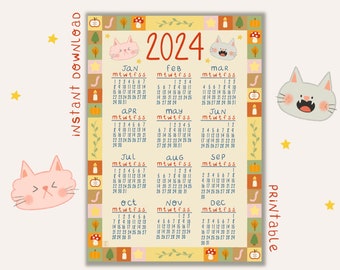 2024 printable calendar, wall calendar, calendar download, for kids, cat calendar, poster, A4, digital calendar, colorful, artist calendar