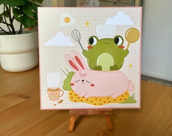 Cute frog art print, bunny art print, nursery wall decor, kids gifts, digital art, home decor, frog wall art, green nursery, pink
