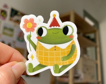 Cute flower frog, animal sticker, die cut water bottle, hat frog, decal stickers, cute spring decor