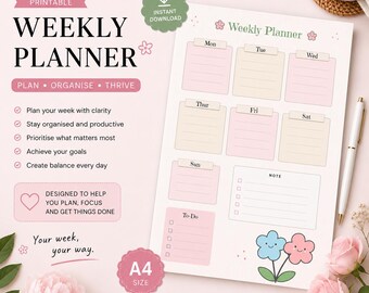 Weekly Planner Printable PDF | Minimalist Weekly Schedule & To-Do List | A4 Digital Download