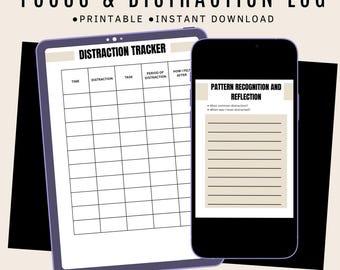 Printable Focus Tracker | Distraction Log & Productivity Reflection | Study Planner PDF | Instant Download
