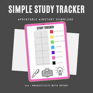 May include: A digital study tracker template with a pink border, featuring a grid for tracking daily study hours across months. It includes a color-coded legend for time intervals, icons of a pen, an open book, and a lightbulb, with the text "SIMPLE STUDY TRACKER" and "PRINTABLE INSTANT DOWNLOAD" at the top.