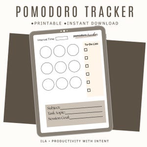 May include: A digital Pomodoro tracker template displayed on a tablet screen. The layout includes a section for interval time, nine empty circles, a to-do list with checkboxes, and fields for subject, task, topic, and session goal labels.