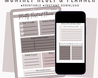 Printable Monthly Reset & Planning Workbook | Goal Setting, Habit Tracker and Monthly Reflection PDF