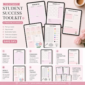 May include: A digital student success toolkit bundle featuring five printable pages: a brain dump pad, pomodoro tracker, focus and distraction log, weekly planner, and study tracker. Each page includes pink accents, floral illustrations, and text.