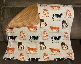 Cow Print | Minky Dot Blanket | Cotton Flannel Toddler and Baby Blanket | Sewn Edges | Receiving Blanket