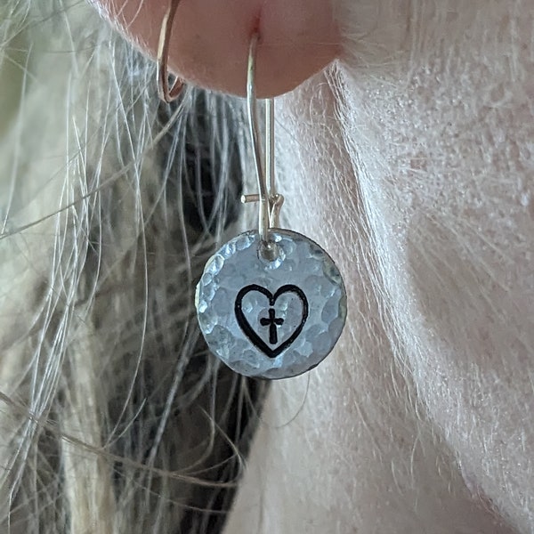 Cross in Heart Hand Stamped Earrings