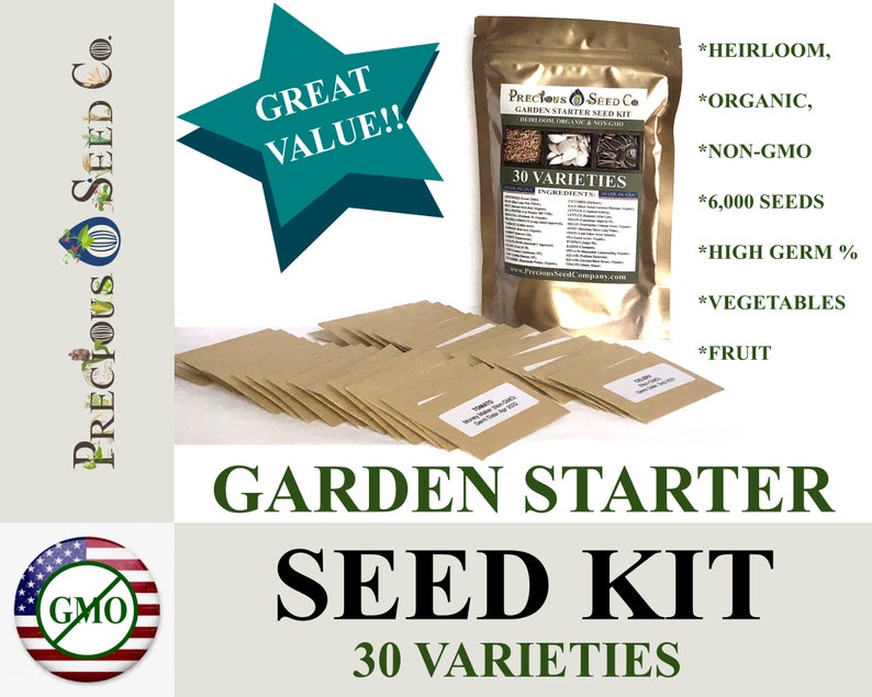 May include: A brown paper bag with the text "Precious Seed Co." and "Garden Starter Seed Kit" in green text. The bag contains 30 varieties of seeds, including heirloom, organic, non-GMO, high germ, vegetables, and fruit. The bag is surrounded by 30 individual seed packets.