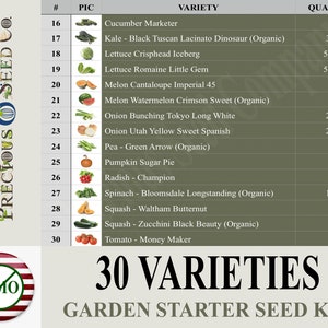 May include: A chart listing 30 different vegetable varieties with their corresponding quantities. The chart is titled "30 Varieties Garden Starter Seed Kit".  The chart includes pictures of each vegetable.  The chart is labeled "Precious Seed Co."