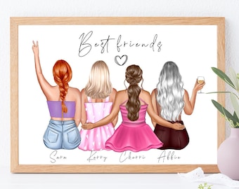 May include: A framed print with an illustration of four women sitting together. The text "Best Friends" is at the top of the print. The women are wearing different outfits and have different hair colors. The names "Sara, Kerry, Charli, Abbie" are written below the women.