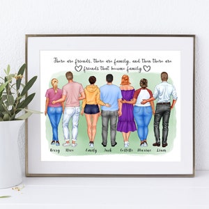 Gepersonaliseerd groot vriendengroepsportret, met een vrouw in 3 lichaamsgroottes en pastelachtergronden | A4 | A5 | Wenskaart
