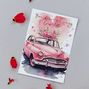 Stampa auto d'epoca rosa / biglietto d'auguri / A4 / A5 / regalo per fidanzata o fidanzato / marito o moglie presente