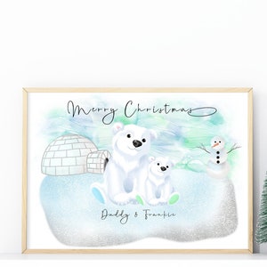 Portrait personnalisé de famille d'ours polaires de Noël - avec une belle scène d'hiver enneigée dans un style dessin animé mignon | A4 | A5 | Carte de voeux