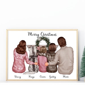 Impressão de família de Natal personalizada com suéteres festivos e decoração de férias de inverno – animais de estimação preciosos incluídos também em A4, A5 ou cartão comemorativo