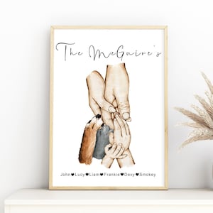 Family hands watercolour portrait | Natural skin tones or Black and white | 1-5 children, dog and cat paws | A3 | A4 | A5 |