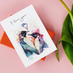 Adorable obra de arte de pareja de pingüinos / tarjeta de felicitación / A4 / A5 / regalo para novia o novio / Esposo o esposa presente