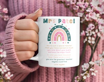 Personalised Teacher Gift Mug - Cute Boho Rainbow with Custom Message - Thank you end of year gift.