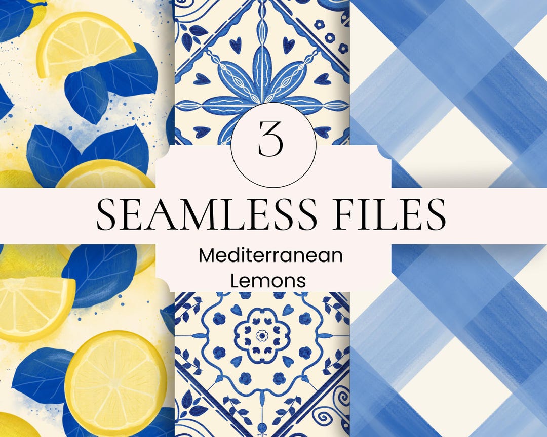 Mediterranean Lemon and Blue Seamless Pattern Set, Hand Drawn Painterly ...
