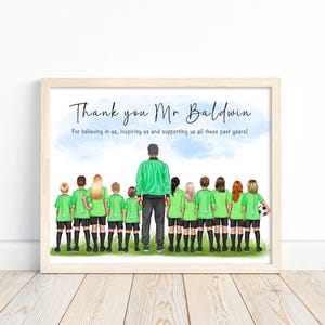 Retrato de entrenador deportivo y estudiantes, regalo de despedida o agradecimiento de fin de temporada para profesor de educación física, entrenador de la liga de fútbol o director deportivo