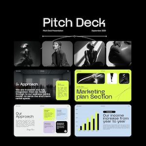 Puede incluir: Una presentaci&oacute;n negra titulada "Pitch Deck" con la fecha "Septiembre 2029". La presentaci&oacute;n incluye im&aacute;genes y secciones de texto como "Our Approach" y "Marketing plan Section".