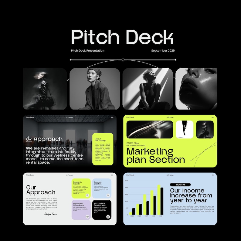 Puede incluir: Una presentaci&oacute;n negra titulada "Pitch Deck" con la fecha "Septiembre 2029". La presentaci&oacute;n incluye im&aacute;genes y secciones de texto como "Our Approach" y "Marketing plan Section".