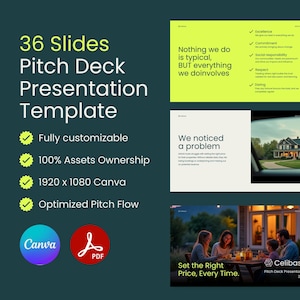 Puede incluir: Una plantilla de presentaci&oacute;n de pitch deck verde y amarilla con 36 diapositivas. La plantilla es totalmente personalizable e incluye la propiedad del 100% de los activos. La plantilla est&aacute; dise&ntilde;ada para Canva y est&aacute; optimizada para el flujo de pitch. La plantilla incluye una marca de verificaci&oacute;n verde para cada caracter&iacute;stica. La plantilla tambi&eacute;n incluye una diapositiva verde y amarilla con el texto "Nada de lo que hacemos es t&iacute;pico, PERO todo lo que hacemos implica: Excelencia, Compromiso, Responsabilidad social, Respeto, Audacia". La plantilla tambi&eacute;n incluye una diapositiva con una foto de una casa y el texto "Nos dimos cuenta de un problema". La plantilla tambi&eacute;n incluye una diapositiva con una foto de personas sentadas en una mesa y el texto "Fija el precio correcto, cada vez."