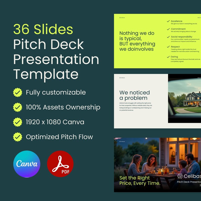 Puede incluir: Una plantilla de presentaci&oacute;n de pitch deck verde y amarilla con 36 diapositivas. La plantilla es totalmente personalizable e incluye la propiedad del 100% de los activos. La plantilla est&aacute; dise&ntilde;ada para Canva y est&aacute; optimizada para el flujo de pitch. La plantilla incluye una marca de verificaci&oacute;n verde para cada caracter&iacute;stica. La plantilla tambi&eacute;n incluye una diapositiva verde y amarilla con el texto "Nada de lo que hacemos es t&iacute;pico, PERO todo lo que hacemos implica: Excelencia, Compromiso, Responsabilidad social, Respeto, Audacia". La plantilla tambi&eacute;n incluye una diapositiva con una foto de una casa y el texto "Nos dimos cuenta de un problema". La plantilla tambi&eacute;n incluye una diapositiva con una foto de personas sentadas en una mesa y el texto "Fija el precio correcto, cada vez."