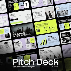Puede incluir: Una plantilla de presentación digital titulada "Pitch Deck" con 36 diapositivas. El diseño presenta un fondo oscuro con elementos en verde claro, morado y blanco. Las diapositivas cubren temas como las necesidades de financiación y los mercados mundiales.