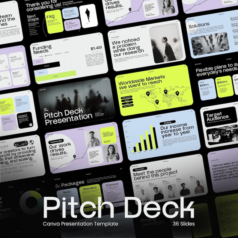 Puede incluir: Una plantilla de presentaci&oacute;n digital titulada "Pitch Deck" con 36 diapositivas. El dise&ntilde;o presenta un fondo oscuro con elementos en verde claro, morado y blanco. Las diapositivas cubren temas como las necesidades de financiaci&oacute;n y los mercados mundiales.
