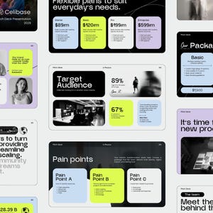Puede incluir: Una presentaci&oacute;n digital con fondo negro y texto blanco. La presentaci&oacute;n incluye planes de precios, informaci&oacute;n sobre el p&uacute;blico objetivo y puntos d&eacute;biles. El logotipo de Celibase est&aacute; en la esquina superior izquierda.