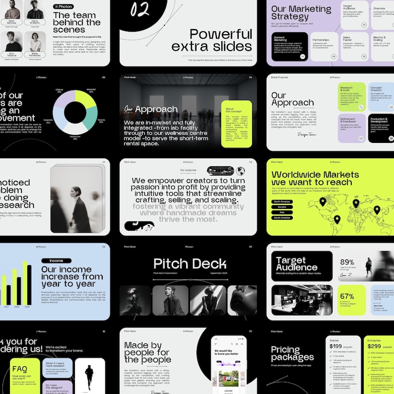 Puede incluir: Un conjunto de diapositivas de presentaci&oacute;n con fondo negro y texto blanco. Las diapositivas cubren temas como estrategia de marketing, p&uacute;blico objetivo y aumento de ingresos. La baraja incluye gr&aacute;ficos, gr&aacute;ficos e im&aacute;genes.